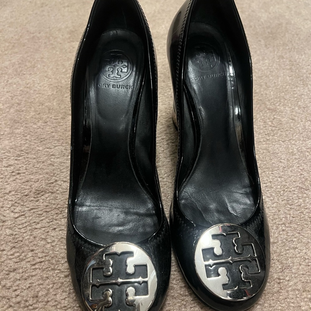 Tory Burch Black Heels with Silver Emblem